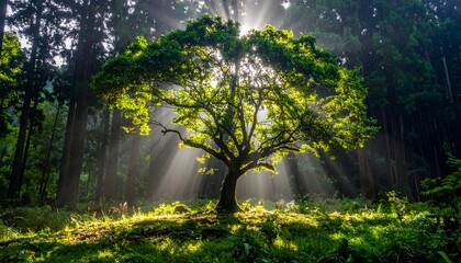 Obraz premium Forest clearing with sunlight streaming through a large, leafy tree