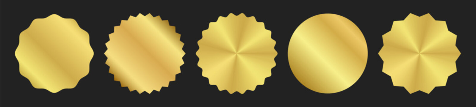 Gold sticker, template, mockup, award, label. Round shiny smooth metal emblem. Medal oval element with uneven wavy zigzag edge. Star shape isolated on black background. Vector EPS10 