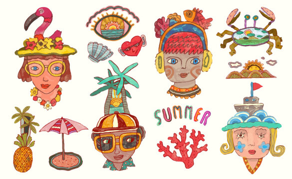 Summer, sea and beach concept. watercolor vector illustration.	