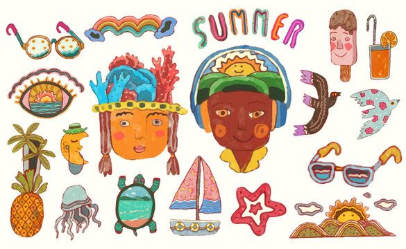 Summer, sea and beach concept. watercolor vector illustration.	