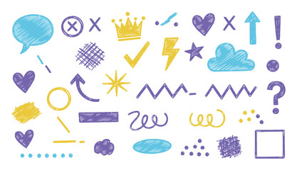 Playful sketch icon collection. Colorful doodle sketch element. Funky crayon drawn speech bubbles, crowns and emphasis on transparent background