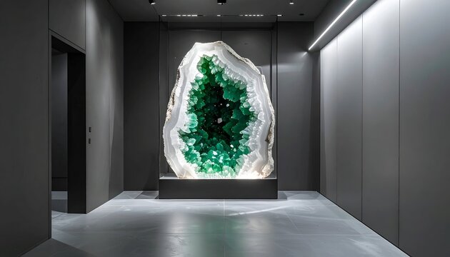Emerald green geode sculpture in gray gallery