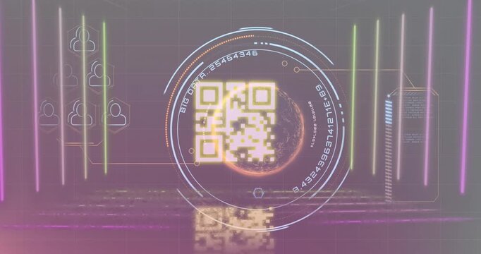 Animation of globe, qr code in circles with big data text, numbers over profile icons in background