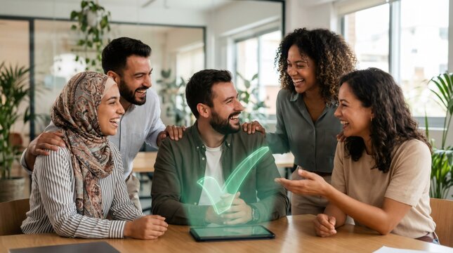 A multicultural group of professionals laughing around a table with a glowing green holographic checkmark symbol representing success and approval - Powered by Adobe