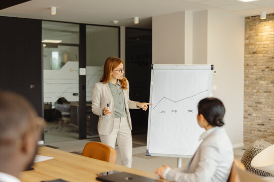 Businesswoman giving presentation to colleagues in office meeting
