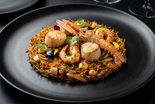 Presentaci&oacute;n gourmet de Fideu&aacute; de marisco con vieiras selladas, cigala, gambas y puntos de alioli sobre plato negro