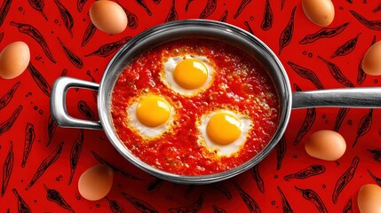 Delicious Shakshuka with Poached Eggs in Tomato Sauce Platter