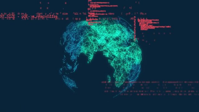 Animation of programming language over illuminated globe against black background