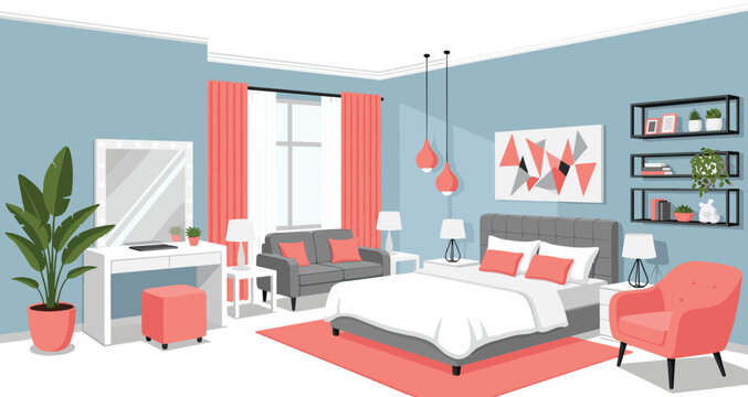 Modern bedroom interior design vector illustration with coral furniture teal walls vanity mirror bed sofa and home decor
