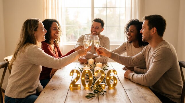 A group of friends laughing and clinking champagne glasses around a dinner table decorated with marquee lights showing the year 2026