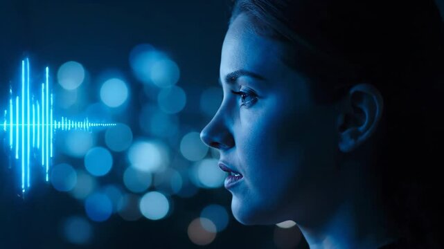 Close up profile of a woman speaking to an AI voice assistant with a blue digital soundwave in a night cityscape bokeh background.