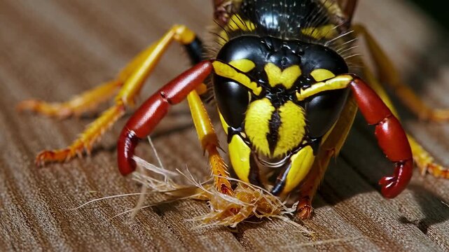 Macro portrait of wasp face chewing wood fiber for nest building with detailed mandibles and angry eyes in natural lighting