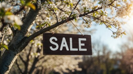 A wooden "SALE" sign hanging from a blossoming branch in a spring garden; the concept of spring discounts, seasonal offers, and eco-friendly shopping. Background image