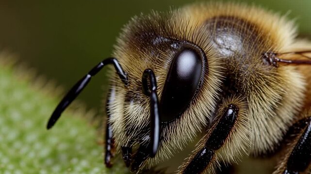 High resolution macro of honey bee eyes showing complex texture and hexagon pattern with fuzz on head in natural lighting