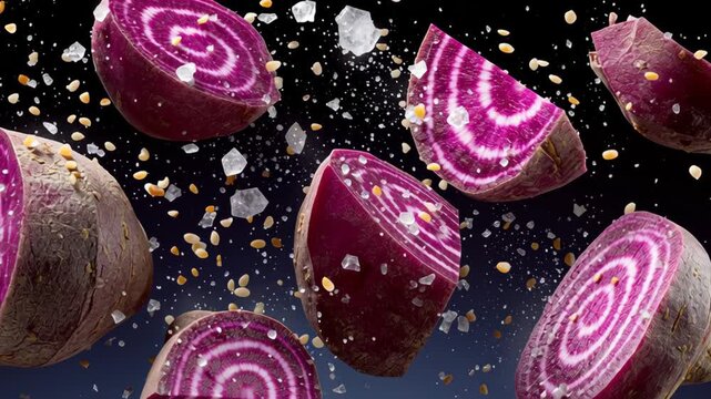 Sliced beetroots in mid-air with vibrant pink and purple patterns, surrounded by flying salt crystals and seeds against a dark background, showcasing dynamic motion and texture