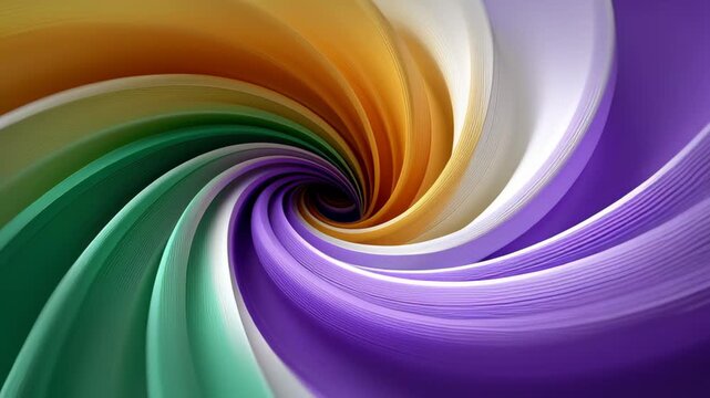 Colorful swirling abstract design with vibrant hues of purple, green, orange, and white creating a dynamic visual flow in a continuous spiral pattern