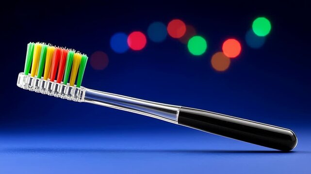 Colorful toothbrush with vibrant bristles in a side view, positioned against a blue background with blurred bokeh lights creating a festive atmosphere for dental hygiene promotion