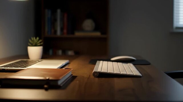 A modern desk setup featuring a laptop pens a small plant and a notebook ideal for productivity tasks or creative work in a dimly lit room