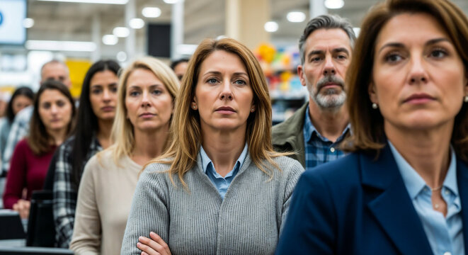 Busy checkout line symbolizing stress and consumer culture