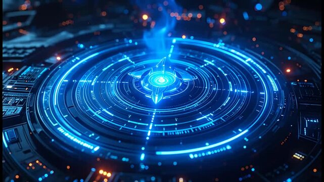 Futuristic Tech Interface: Glowing Blue Compass and Data Visualization.