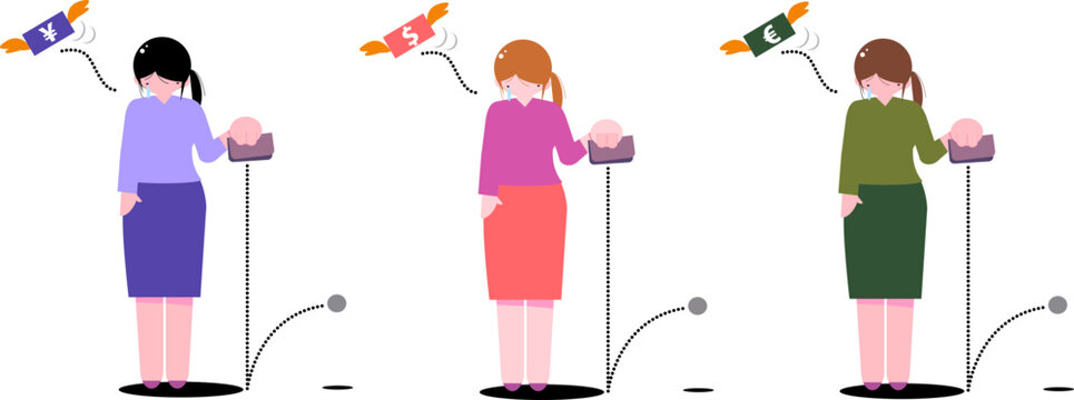 Sad woman set with money flying away from wallet (Yen, Dollar, Euro, Inflation, Expense concept)