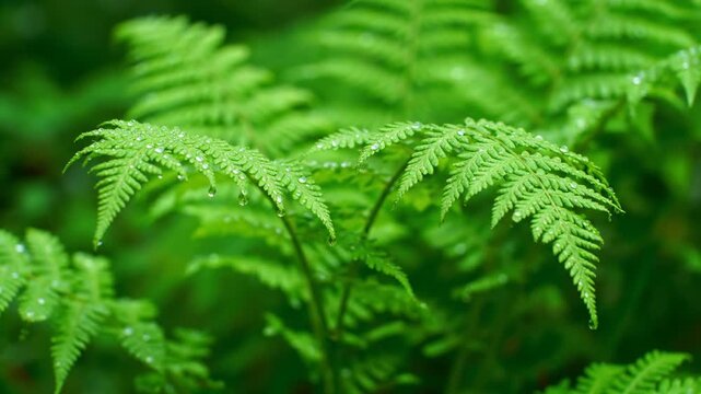 Vibrant green fern fronds unfurl in a lush forest revealing intricate patterns and delicate textures evoking natural beauty and tranquility