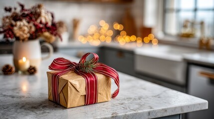 Gift wrapped square kraft carton with wide red ribbon on marble countertop during christmas holiday