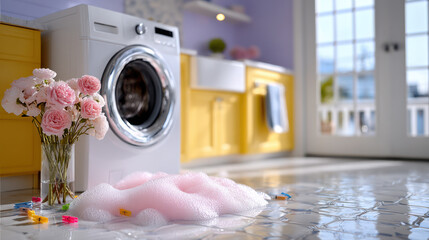 Compact laundry room with lavender and butter yellow accents featuring modern washing machine