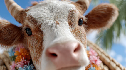 Festive ox with floral decorations in field, symbolizing strength and cultural celebration