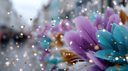 Energetic street festival crowd with colorful feathers and glittering confetti