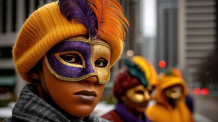 Energetic street festival celebration with vibrant parade masks and colorful costumes