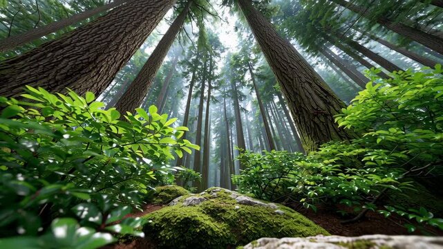 Lush green forest with towering trees and dense undergrowth, showcasing moss-covered rocks and vibrant foliage under soft, diffused light filtering through the canopy
