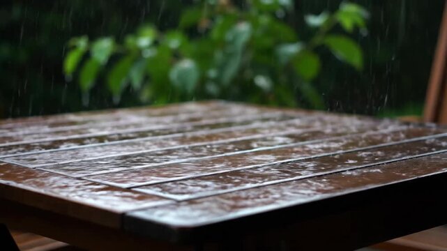 Raindrops fall onto a wet wooden table outdoors Green leaves blur in the background creating a serene and moody atmosphere Natural outdoor setting
