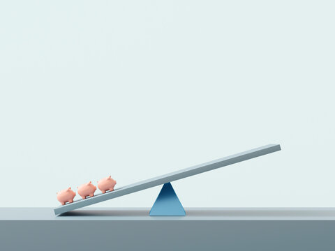 Piggy banks in a row on seesaw symbolizing balance and financial stability