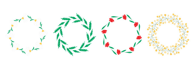 Set of cute floral round frames. Circular wreaths of flowers and herbs. Spring and summer round natural borders with copy space. Blank seasonal botanical rims, vector graphics © Iry