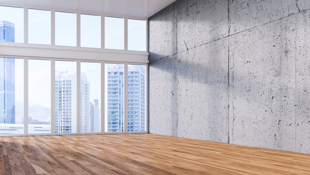 Modern empty apartment interior with city view and concrete wall