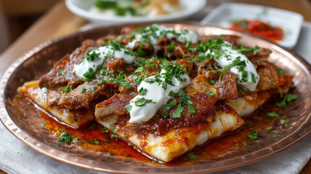 Traditional Turkish Iskender Kebab with Lamb and Yogurt