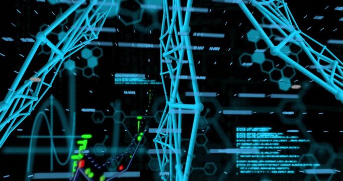 DNA strand and scientific data processing animation over hexagonal patterns