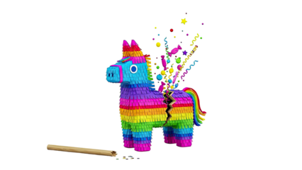 Rainbow Donkey Pinata Breaking Open With Candy and Confetti