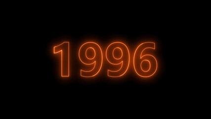 Neon glowing numbers 1996 in bright blue on black background year.