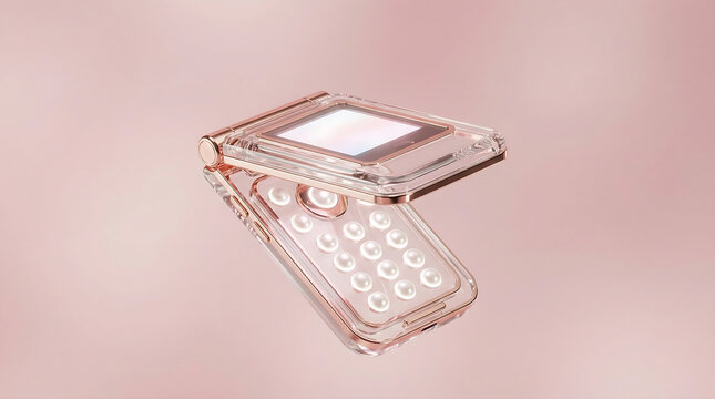 Futuristic Transparent Flip Phone with Rose Gold Accents and Pearl Buttons on Pink Background