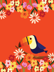 Toucan bird standing on a branch of tree vector illustration. Exotic birds for childrens design of prints, posters, cards.
