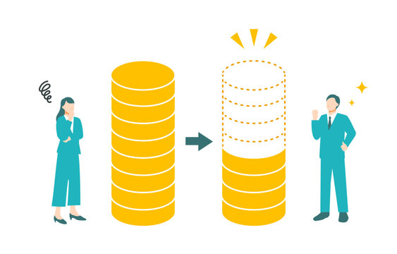 コストがかかって困る女性とコストカットされて喜ぶ男性のイラスト。フラットデザ