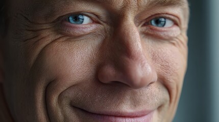 Obraz premium Extreme Close-up of a Smiling Mature Man with Vibrant Blue Eyes