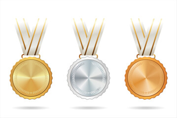 Realistic medal set. Award golden medals 3d vector realistic illustration. Medal icon set. First place medals or buttons