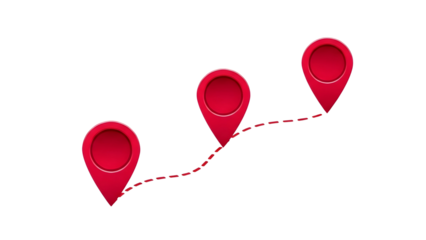 Three red location pins connected by dashed line isolated on transparent background