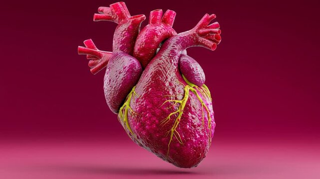 Anatomically accurate 3D rendering of a human heart with visible arteries and veins, showcasing detailed textures against a gradient red background in a scientific illustration style
