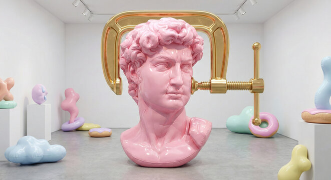 Surreal inflatable pink plastic statue head squeezed by golden clamp in gallery