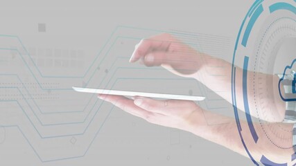 Left hand holding tablet triggers right tapping creating secure cloud-lock connection - Powered by Adobe