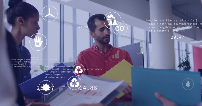 Colleagues exchanging folders having CO? bar chart recycle icons appearing during metrics review